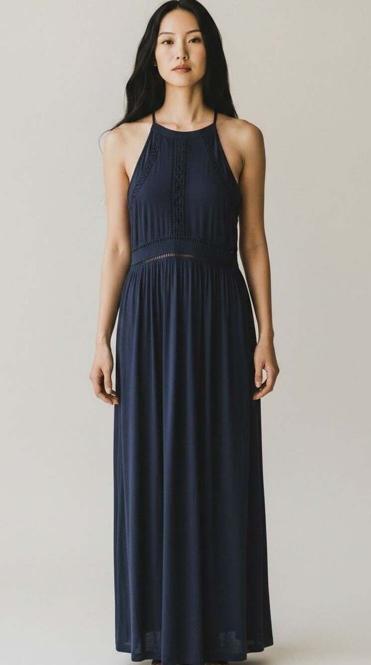 Altar'd State Navy Halter Neck Lace Trim Maxi Dress Size S